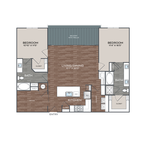Floor plan for 2 beds, 2 baths, 1321 sqft